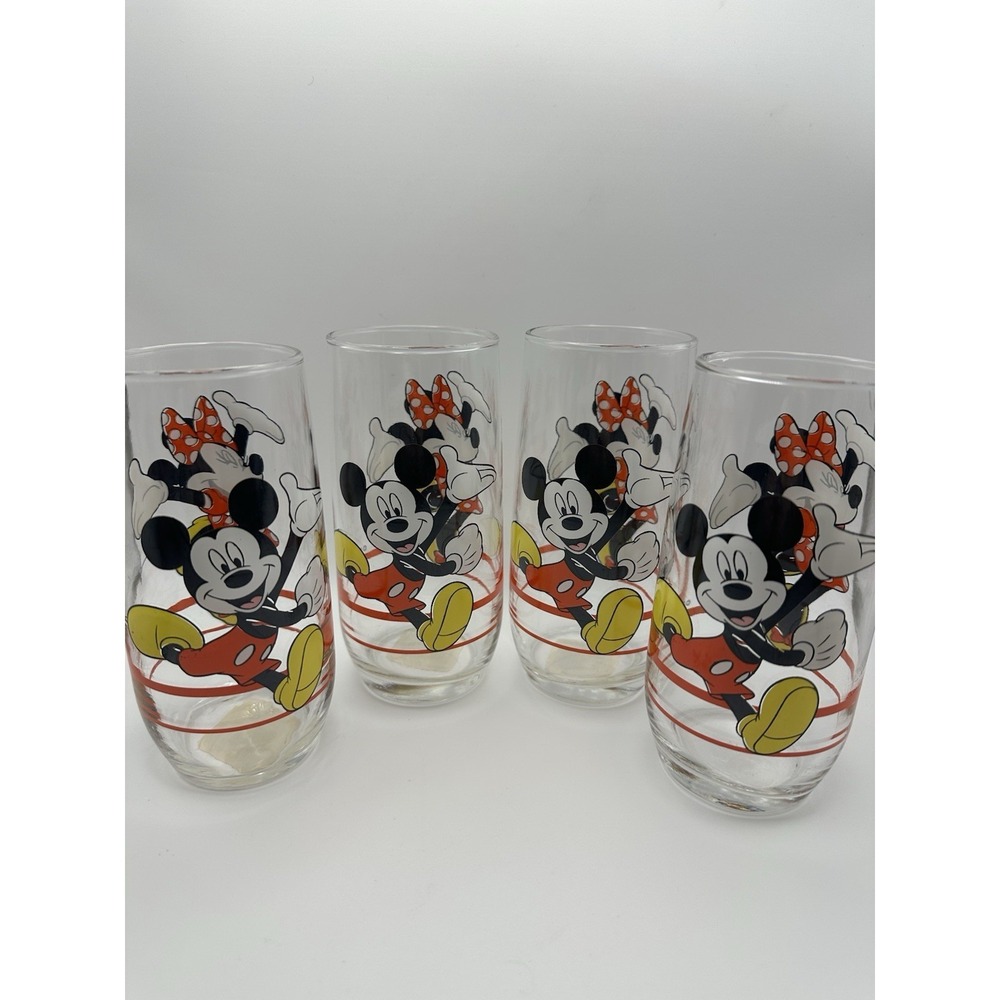 4 Vintage Disney Mickey & Minnie Mouse Glasses Red Stripes Anchor Hocking